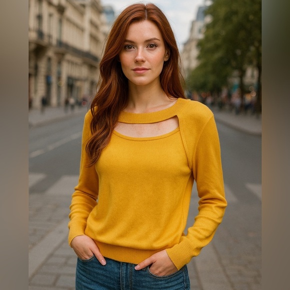 NWT UniQ Mustard Yellow Cutout Neck Long Sleeve Sweater S/M Rayon Nylon - Picture 1 of 7